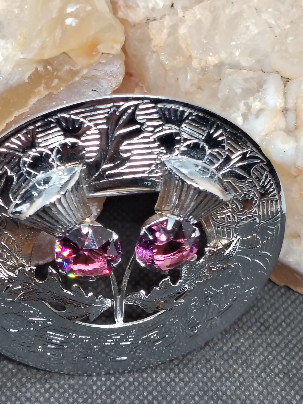 Mizpah Vintage Silver Tone Thistle Brooch with Purple Rhinestone Accents